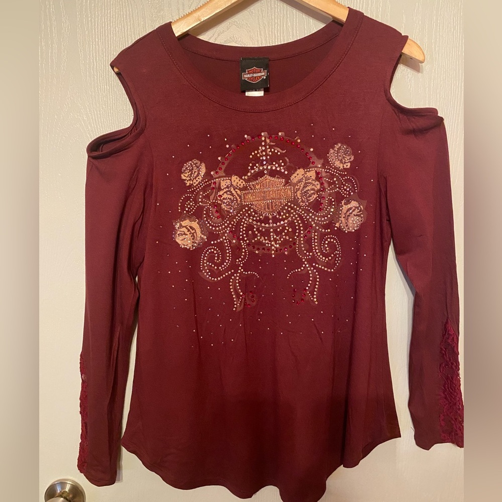 Harley Davidson Women's Burgundy Cold Shoulder Top